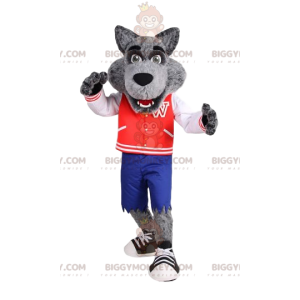 Wolf BIGGYMONKEY™ mascot costume with red vintage jacket. –