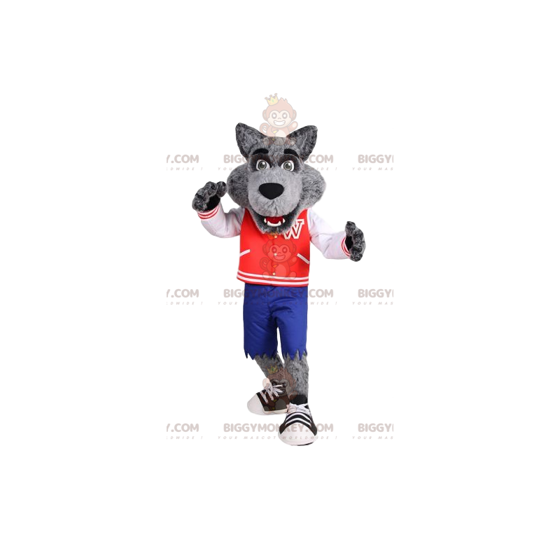 Kostým maskota Wolfa BIGGYMONKEY™ s červenou vintage bundou. –