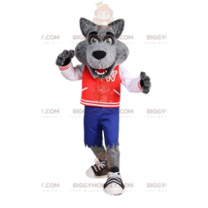 Wolf BIGGYMONKEY™ mascot costume with red vintage jacket. –