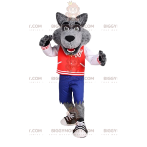 Wolf BIGGYMONKEY™ maskotdräkt med röd vintagejacka. -