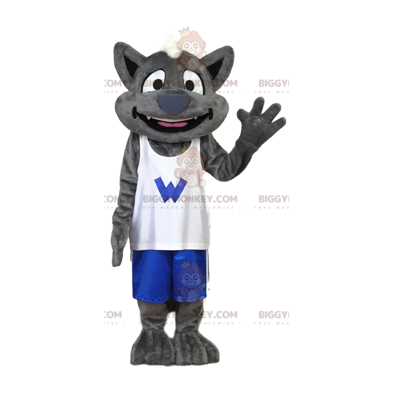 Kostium maskotki szarego wilka BIGGYMONKEY™ w wersji sportowej.