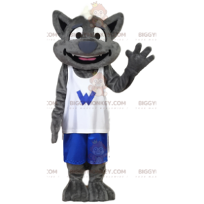 Disfraz de mascota de lobo gris BIGGYMONKEY™ en ropa deportiva.