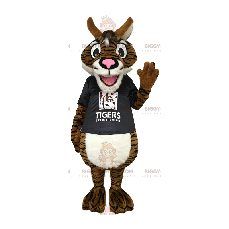 Costume mascotte BIGGYMONKEY™ tigre marrone con t-shirt nera -