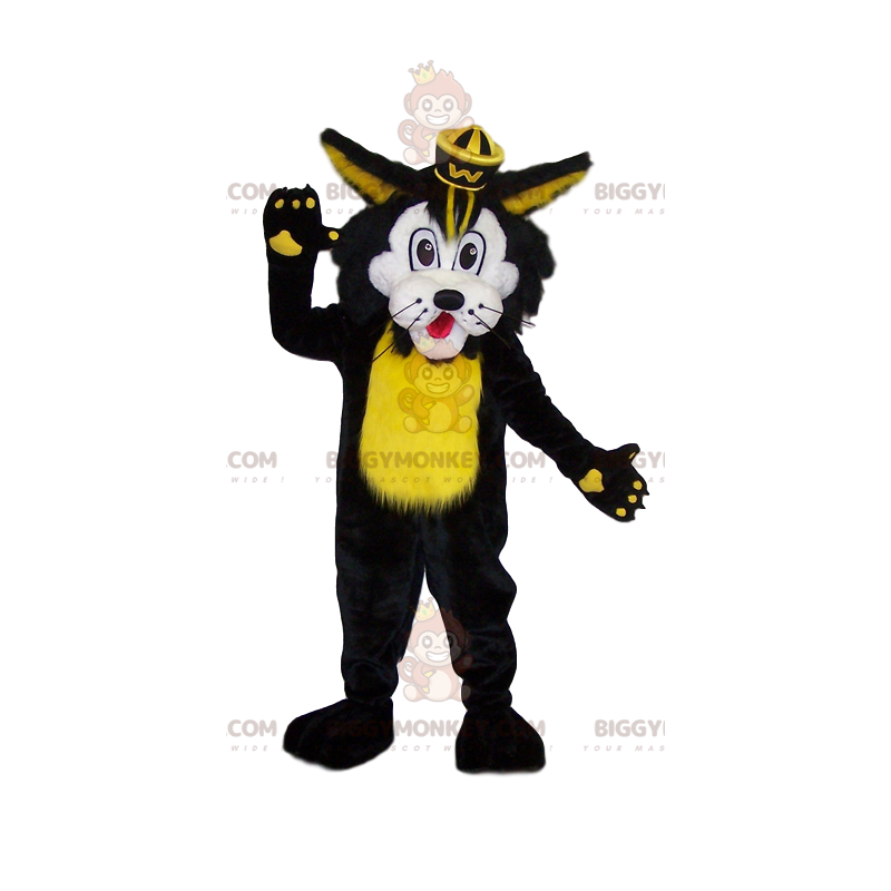 BIGGYMONKEY™ costume da mascotte di leone nero e giallo.