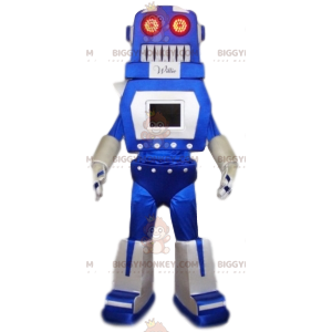 Blå och vit rolig robot BIGGYMONKEY™ maskotdräkt. robot kostym