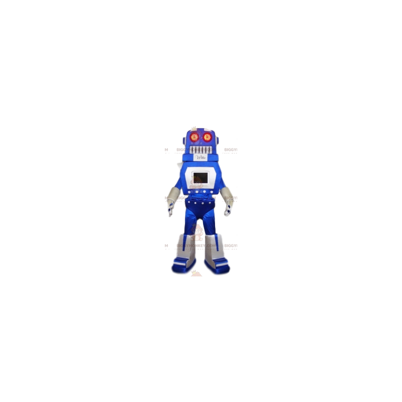 Fato de mascote BIGGYMONKEY™ robô engraçado azul e branco.