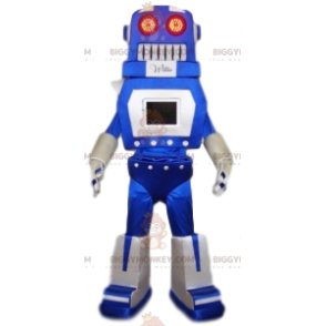 Kostým maskota modrobílého vtipného robota BIGGYMONKEY™. kostým