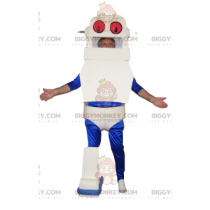 Kostým maskota bílého a modrého robota BIGGYMONKEY™. kostým