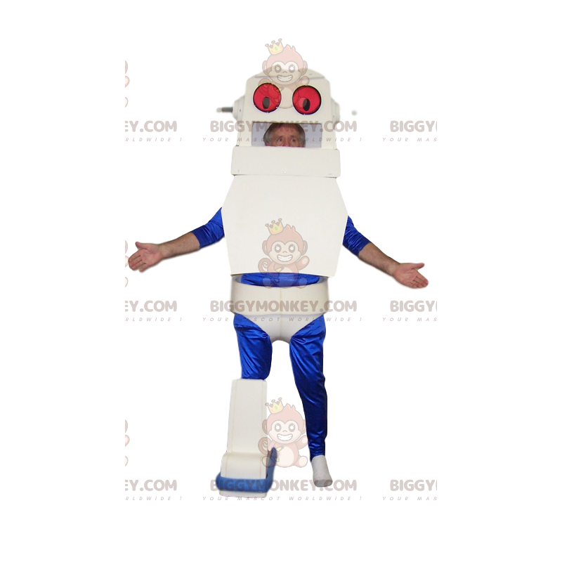 Traje de mascote de robô BIGGYMONKEY™ branco e azul. fantasia