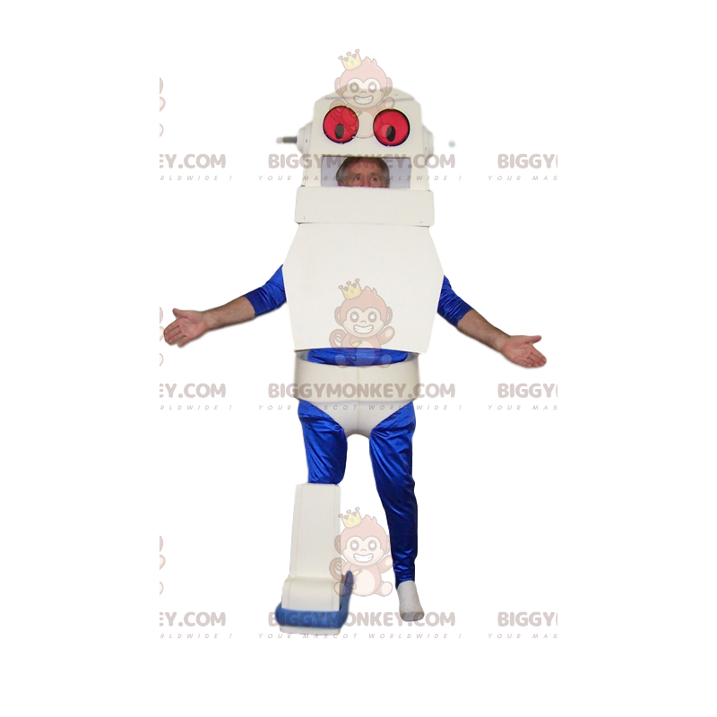 Wit en blauw robot BIGGYMONKEY™ mascottekostuum. robot kostuum