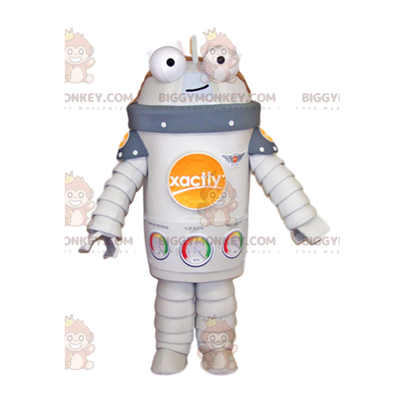 Costume de mascotte BIGGYMONKEY™ de robot blanc souriant.