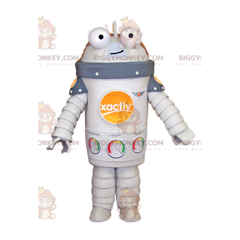 Kostým maskota s úsměvem bílého robota BIGGYMONKEY™. kostým