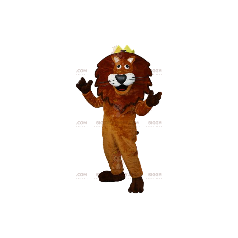 Traje da mascote do leão BIGGYMONKEY™ com coroa. fantasia de