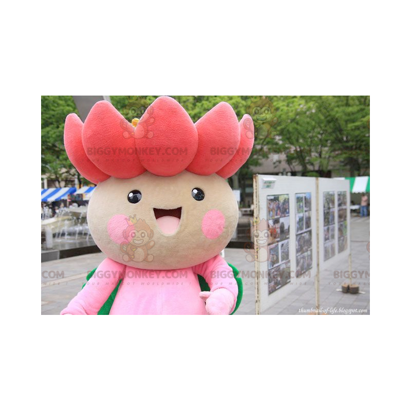 Χαριτωμένη στολή μασκότ με ροζ και πράσινο λουλούδι Lotus