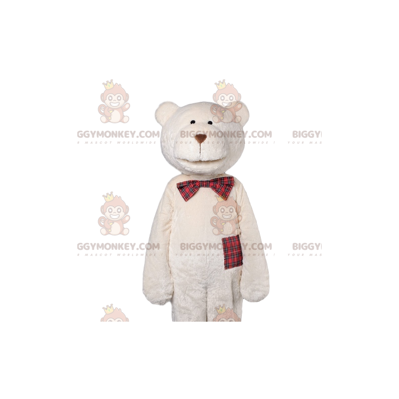 Polar Bear BIGGYMONKEY™ Mascot Costume with Plaid Bow Tie –