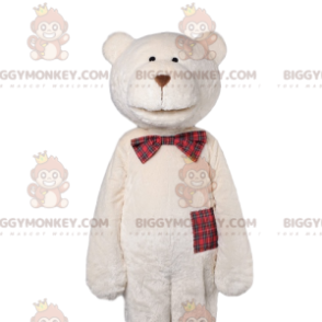 Polar Bear BIGGYMONKEY™ Mascot Costume with Plaid Bow Tie –