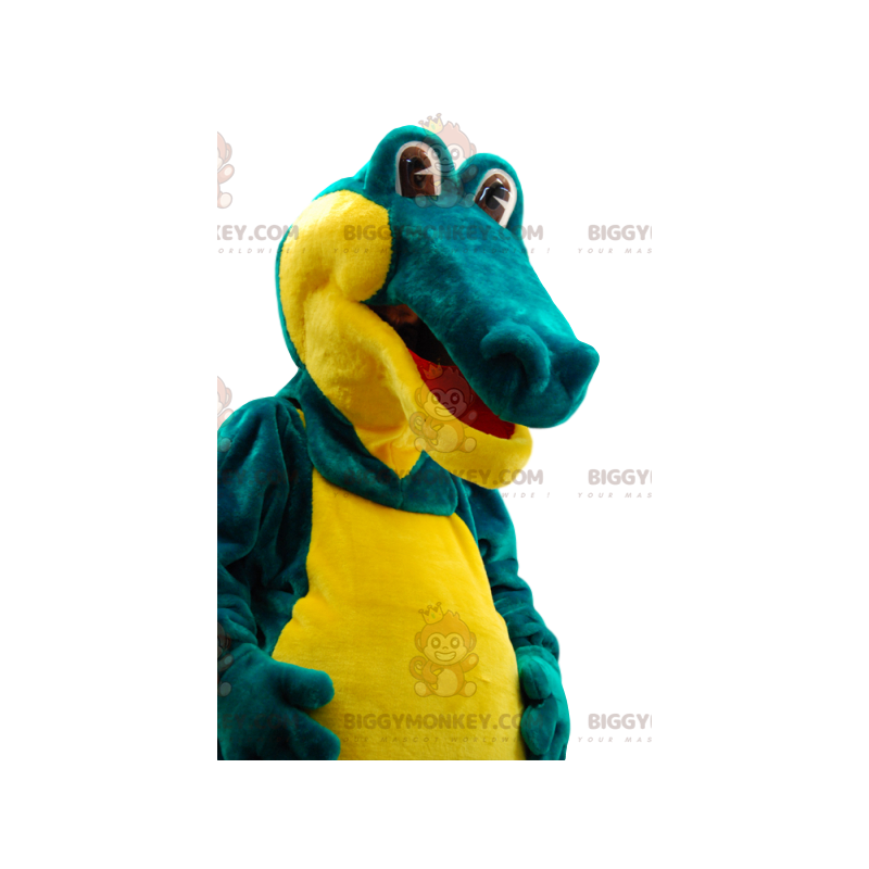 Bardzo komiczny kostium maskotki zielono-żółty krokodyl