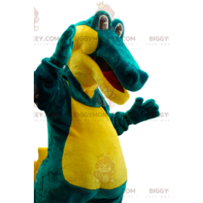 Disfraz de mascota BIGGYMONKEY™ de cocodrilo verde y amarillo
