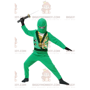 BIGGYMONKEY™ maskottiasu vihreästä ninjasoturista miekalla. -