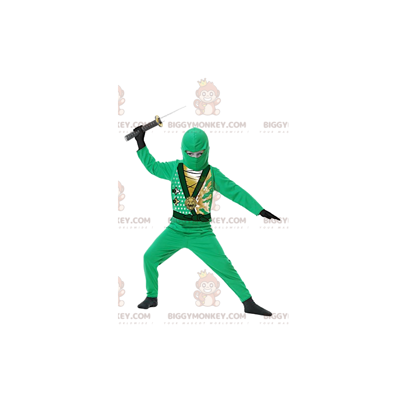 BIGGYMONKEY™ maskotdräkt av grön ninjakrigare med sitt svärd. -