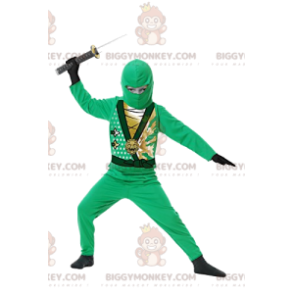 BIGGYMONKEY™ maskotdräkt av grön ninjakrigare med sitt svärd. -