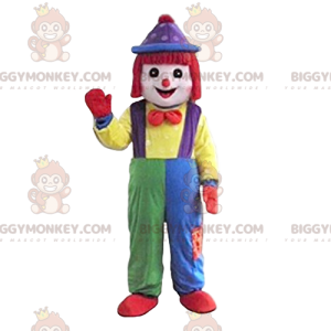 Clown BIGGYMONKEY™ maskotdräkt med söta flerfärgade overaller -