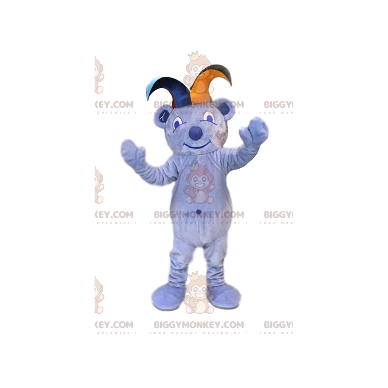 BIGGYMONKEY™ maskotkostume af lyseblå bjørn med jokerhat. -
