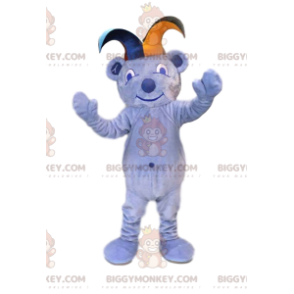 BIGGYMONKEY™ maskotkostume af lyseblå bjørn med jokerhat. -