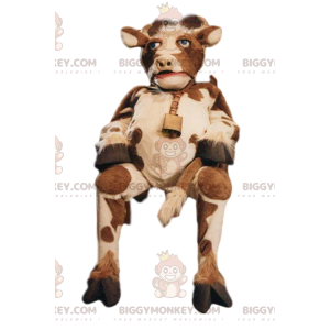 Traje de mascote BIGGYMONKEY™ de vaca marrom e branca com sino