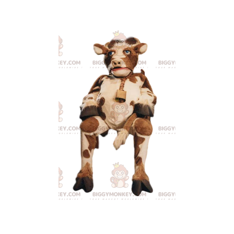Kostým hnědobílá kráva BIGGYMONKEY™ maskot se zvonkem –