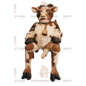 Brown and White Cow BIGGYMONKEY™ Mascot Costume with Bell -