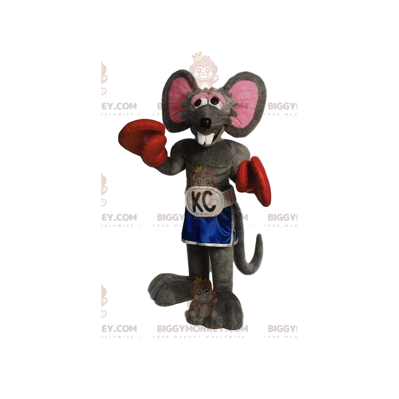Γκρι κοστούμι μασκότ BIGGYMONKEY™ ποντικιού με σορτς και γάντια