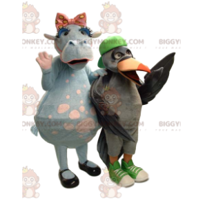 Deux mascotte BIGGYMONKEY™ de vache et oiseau - Biggymonkey.com