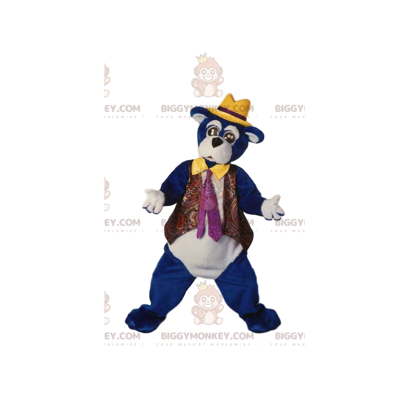 BIGGYMONKEY™ mascot costume of blue bear with yellow hat. bear