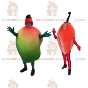 Dwa kostiumy maskotki BIGGYMONKEY™ z egzotycznymi owocami.