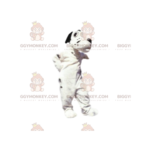 Traje de mascote BIGGYMONKEY™ de cachorro branco e preto.