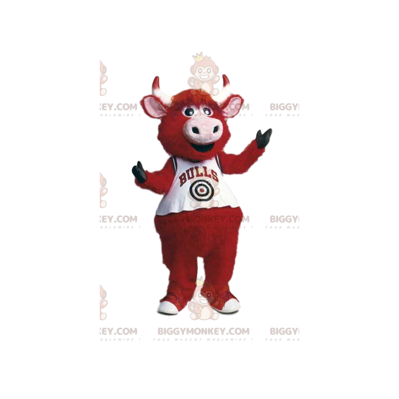 Costume de mascotte BIGGYMONKEY™ de bœuf rouge avec un maillot