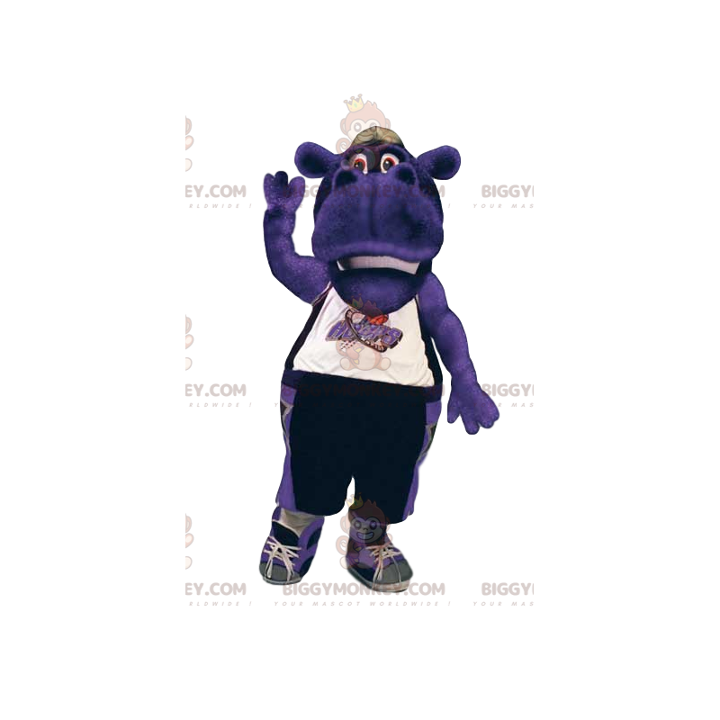 BIGGYMONKEY™ mascot costume of purple hippo in sportswear. –