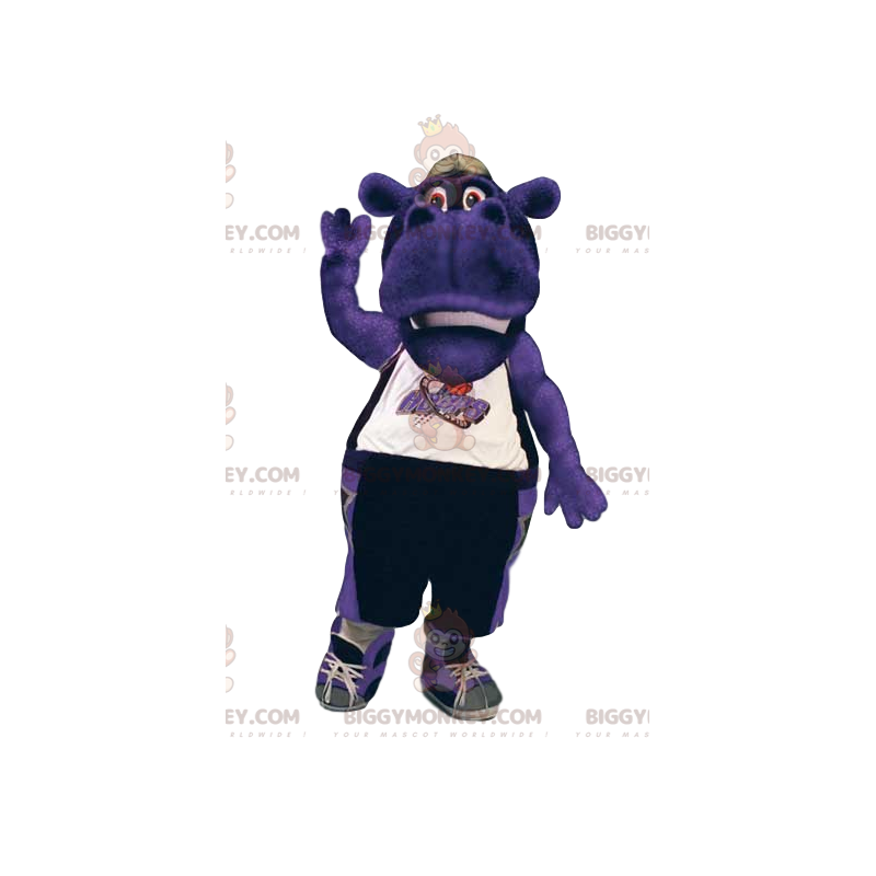 Kostium maskotki BIGGYMONKEY™ z fioletowego hipopotama w stroju