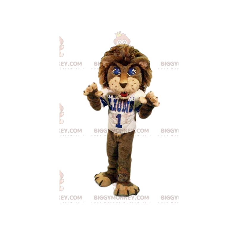 Kostým agresivního maskota lva BIGGYMONKEY™ s podpůrným dresem.