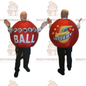 Traje de mascote BIGGYMONKEY™ da bola de loteria vermelha.