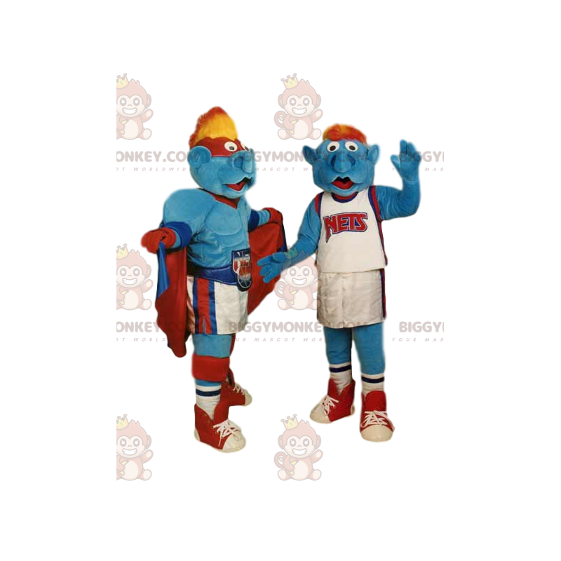 Dupla de mascote de super-heróis e jogadores de basquete do