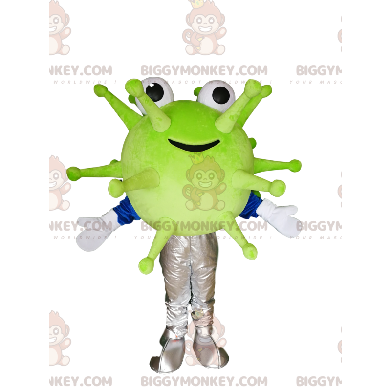 Costume da mascotte BIGGYMONKEY™ del virus verde sorridente.