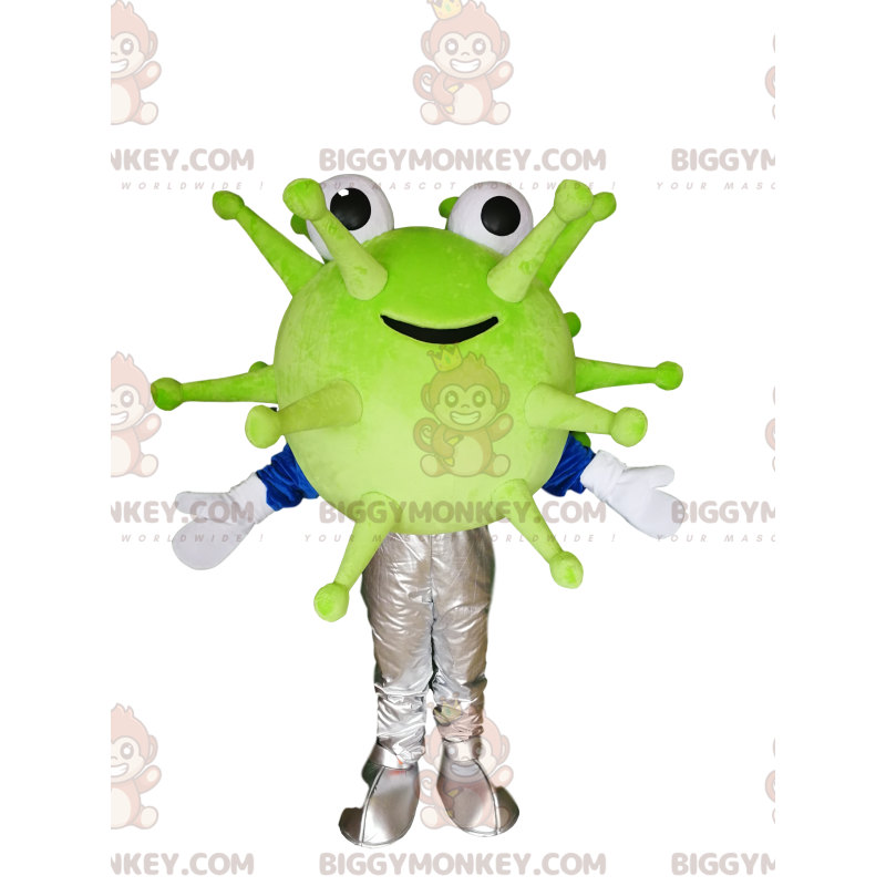 Traje de mascote BIGGYMONKEY™ do vírus verde sorridente.