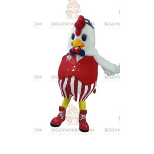 Costume da mascotte pollo BIGGYMONKEY™ in abito rosso. costume