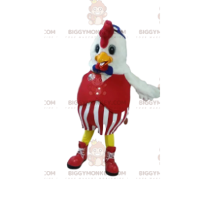 Traje de mascote de frango BIGGYMONKEY™ em traje vermelho.