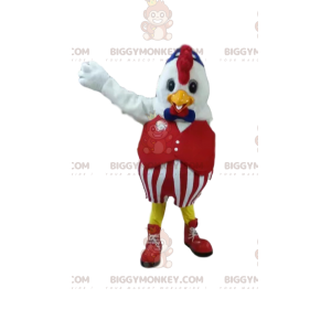 Costume da mascotte pollo BIGGYMONKEY™ in abito rosso. costume