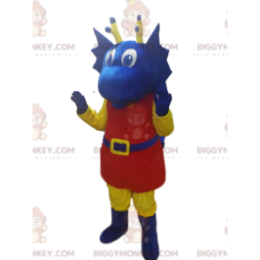 BIGGYMONKEY™ costume da mascotte di drago blu in abito rosso.