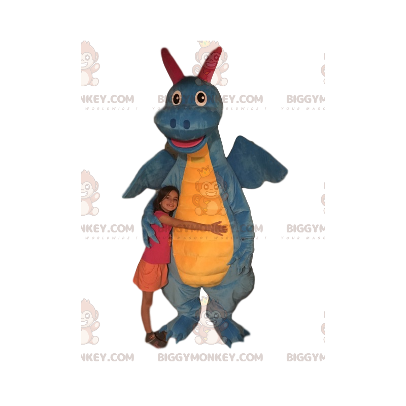 Traje de mascote de dragão azul e amarelo BIGGYMONKEY™.