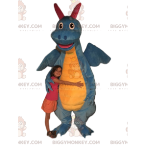 Traje de mascote de dragão azul e amarelo BIGGYMONKEY™.